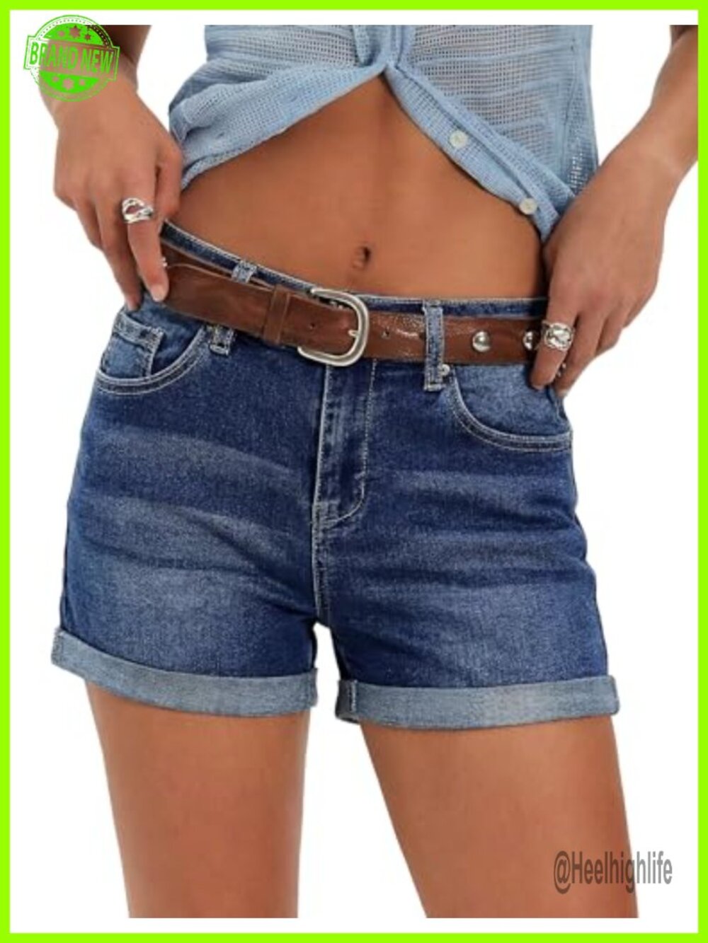 Mid Rise Fold Hem Distressed Denim Jean Shorts 3 Inch Inseam